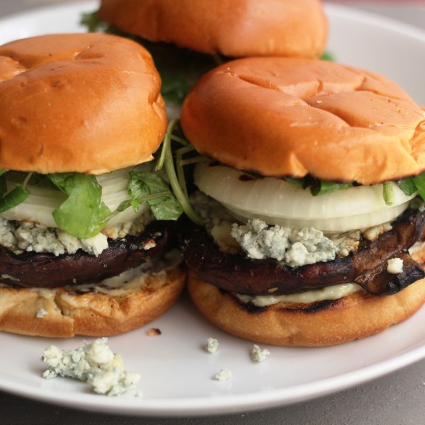Portobello Mushroom Blue Cheese Burgers with Lemon Aioli and Watercress